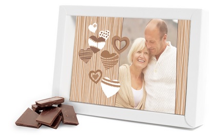 Gepersonaliseerde chocolade wenskaart met foto en tekst voor een huwelijk of jubileum